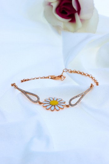 Rose Renk Zirkon Taşlı Papatya Model Gümüş Bileklik