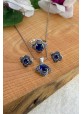 Safir  Taşlı Yonca Model Markazit Üçlü Gümüş Set
