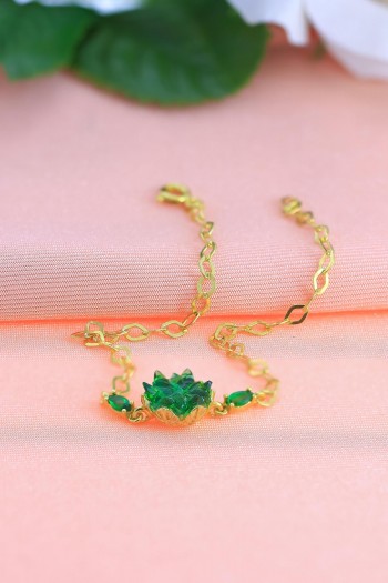 Zümrüt Taşlı Lotus Model Altın Kaplama Gümüş Bileklik 