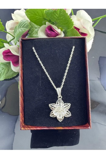 925 ayar 6 yapraklı bahar çiçeği motifli telkari gümüş kolye