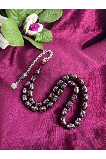 925 ayar Gümüş işlemeli ve gümüş püsküllü ateş kehribar tesbih