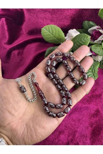 925 ayar Gümüş işlemeli ve gümüş püsküllü ateş kehribar tesbih