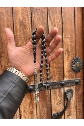 925 ayar Gümüş işlemeli ve gümüş püsküllü büyük ölçü siyah kuka tesbih