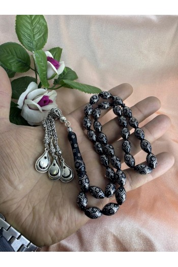 925 ayar Gümüş işlemeli ve gümüş püsküllü büyük ölçü siyah kuka tesbih