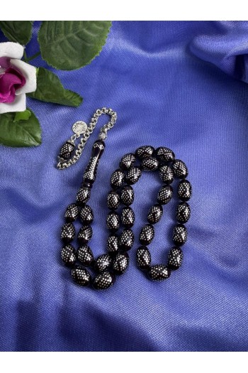 925 ayar Gümüş işlemeli ve gümüş püsküllü parlament mavisi ateş kehribar tesbih