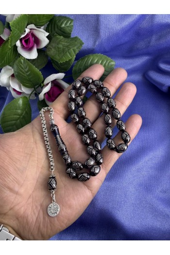 925 ayar Gümüş işlemeli ve gümüş püsküllü parlament mavisi ateş kehribar tesbih