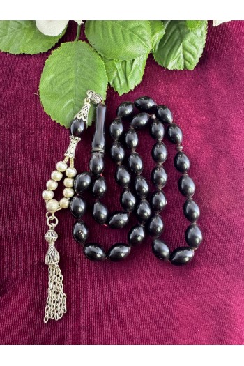 925 ayar gümüş püsküllü badem kesim dışı siyah içi kahverengi   sıkma kehribar