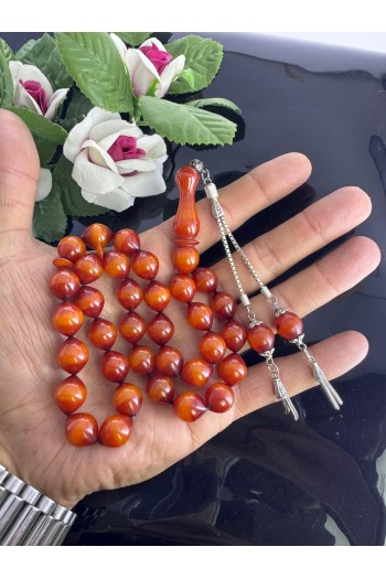 925 ayar gümüş püsküllü dinlenmiş sürmeli sıkma kehribar büyğk olçü