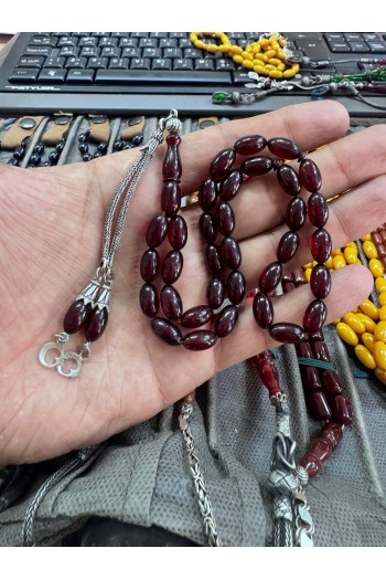 925 ayar gümüş püsküllü kırmızı rengi badem kesim ateş kehribar 