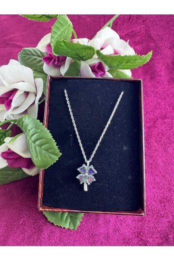 925 ayar yonca desenli çok renkli hayalet gümüş kolye