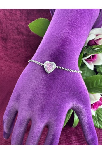 kalp tasarımlı hayalet zincirli pembe kuvars taşlı 925 ayar gümüş bileklik