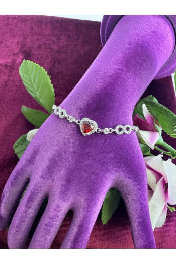 kalp ve sonsuzluk tasarımlı kırmızı renkli zirkon taşlı 925 ayar gümüş bileklik