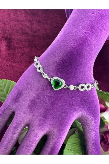 kalp ve sonsuzluk tasarımlı zümrüt yeşili zirkon taşlı 925 ayar gümüş bileklik