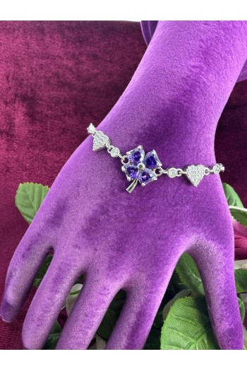 kalp ve yonca tasarımlı ametişt taşlı 925 ayar gümüş bileklik