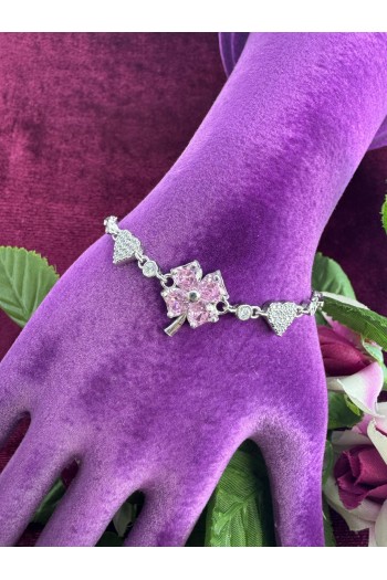 kalp ve yonca tasarımlı pembe kuvars taşlı 925 ayar gümüş bileklik