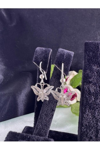 Kelebek motifi sallantılı model el işi telkari gümüş küpe 