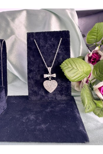 kurdele ve kalp motifi el işi telkari gümüş kolye