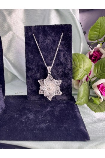 lotus çiçeği motifi el işi telkari gümüş kolye