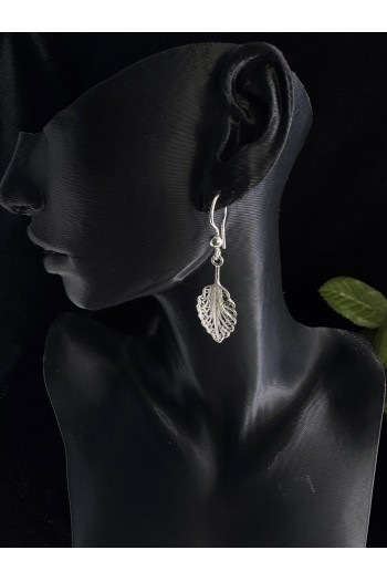 Meşe yaprağı model sallantılı model el işi telkari gümüş küpe 