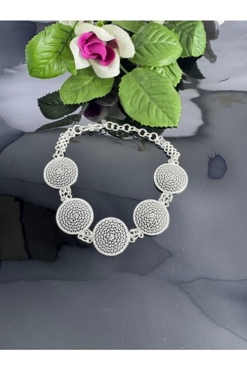 yuvarlak içi desenli El Işçiliği Telkari Gümüş Bileklik