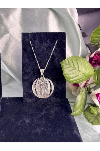 yuvarlak motifi el işi telkari gümüş kolye