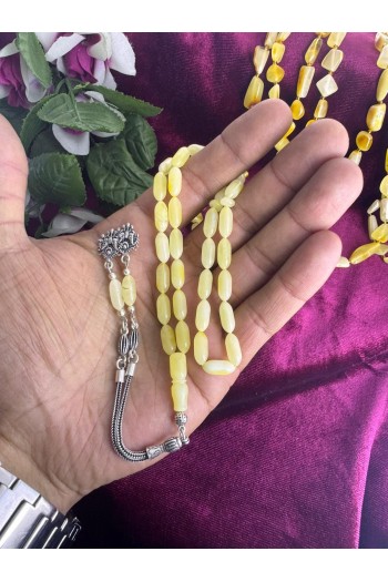 Damla Kehribar 925 ayar gümüş püsküllü beyaz hareli fosilsiz tesbih 