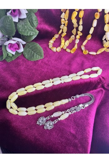 Damla Kehribar 925 ayar gümüş püsküllü beyaz hareli fosilsiz tesbih 