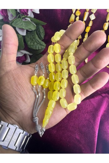 Damla Kehribar 925 ayar gümüş püsküllü büyük ölçü badem kesim fosilsiz tesbih 