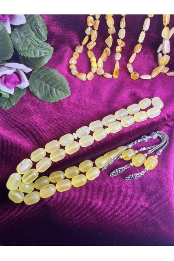 Damla Kehribar 925 ayar gümüş püsküllü büyük ölçü badem kesim fosilsiz tesbih 