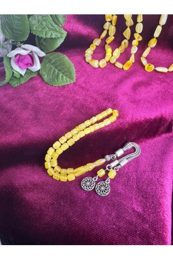 Damla Kehribar 925 ayar gümüş püsküllü fosilsiz minik ölçü tesbih 