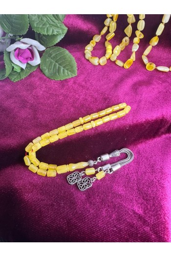 Damla Kehribar 925 ayar gümüş püsküllü kapsü kesim fosilsiz minik ölçü tesbih 