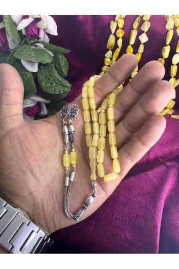 Damla Kehribar 925 ayar gümüş püsküllü kapsül kesim beyaz hareli temiz fosilsiz tesbih 