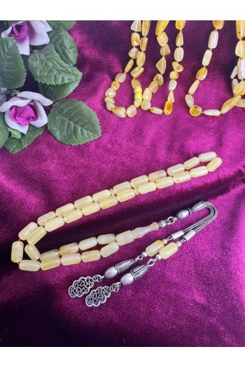 Damla Kehribar 925 ayar gümüş püsküllü kapsül kesim beyaz hareli temiz fosilsiz tesbih 