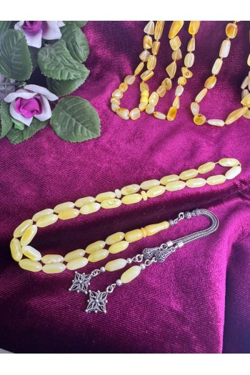 Damla Kehribar 925 ayar gümüş püsküllü kapsül kesim fosilsiz tesbih 