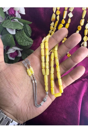 Damla Kehribar 925 ayar gümüş püsküllü kapsül kesim hareli fosilsiz tesbih 