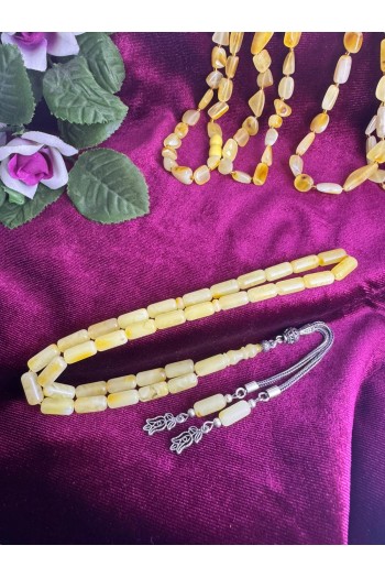 Damla Kehribar 925 ayar gümüş püsküllü kapsül kesim hareli fosilsiz tesbih 