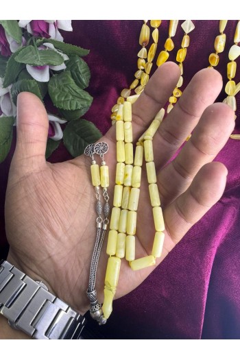 Damla Kehribar 925 ayar gümüş püsküllü kapsül kesim mat hareli temiz fosilsiz tesbih 