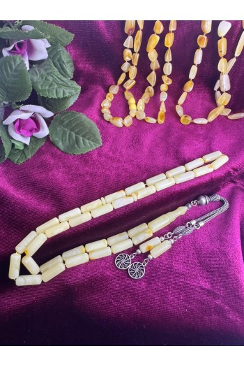 Damla Kehribar 925 ayar gümüş püsküllü kapsül kesim mat hareli temiz fosilsiz tesbih 