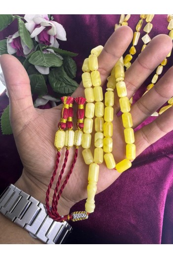 Damla Kehribar ip püsküllü büyük ölçü kapsül kesim fosilsiz tesbih 