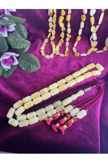 Damla Kehribar ip püsküllü büyük ölçü kapsül kesim fosilsiz tesbih 